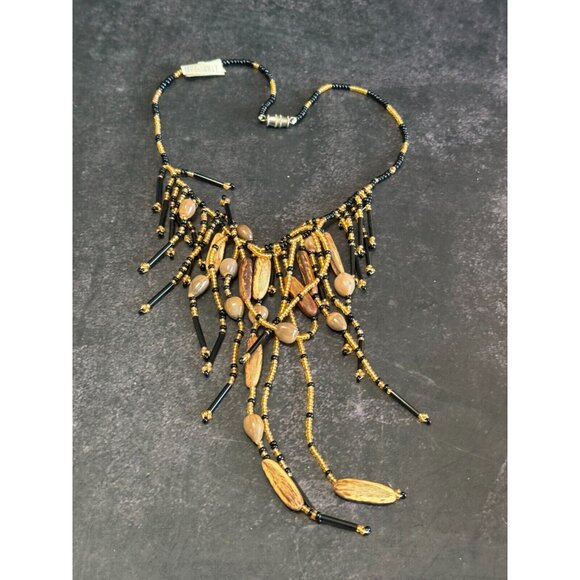 Artisan Amber Black Quartz & Nut Beaded Fringe Choker Necklace 14" - Picture 5 of 5